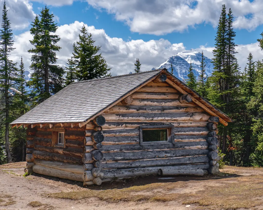 Halfway Hut log shelter with Mount Temple rising behind the trees.