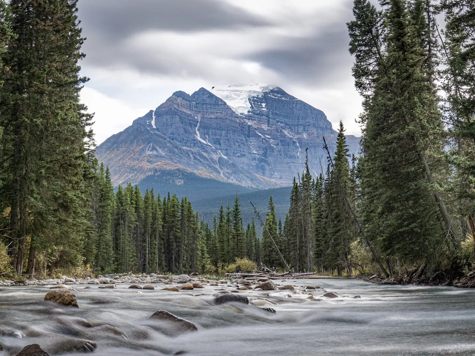 Mount Temple seen across the Pipestone River valley.